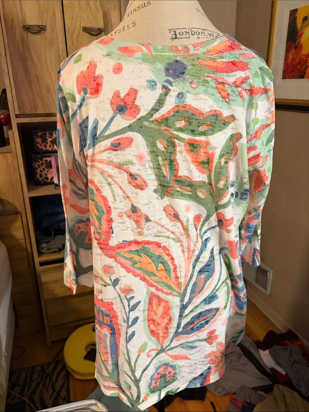 Floral Watercolor Print Tunic - White with Coral & Blue - XL - Picture 3 of 5